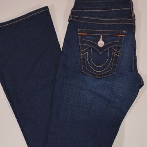 True Religion Dark Blue Bootcut Jeans with Contrast Stitching